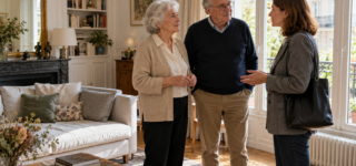 Un couple de propriétaires seniors échange avec une acquéreuse dans un appartement lumineux.