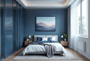 Chambre décoré aux couleurs automne 2025 avec bleu nuit