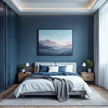Chambre décoré aux couleurs automne 2025 avec bleu nuit