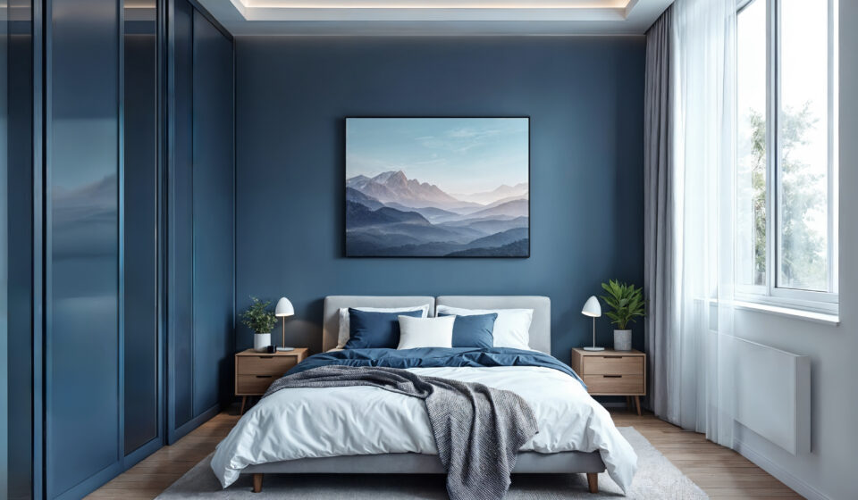 Déco effet wahou : les couleurs tendances de l’automne 2025 Chambre décoré aux couleurs automne 2025 avec bleu nuit