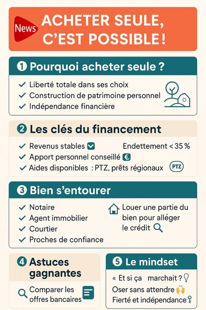 Infographie acheter seule immobilier : conseils financement, aides, astuces et mindset pour devenir propriétaire en solo