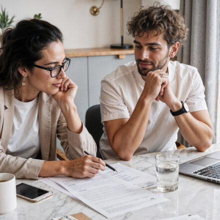 Couple calculant son budget immobilier avec un conseiller en 2025.