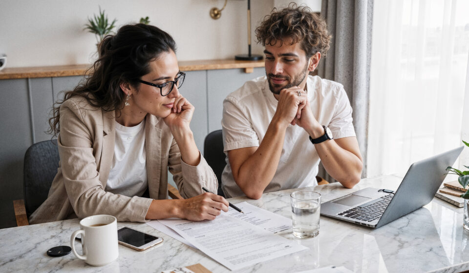 Couple calculant son budget immobilier avec un conseiller en 2025.