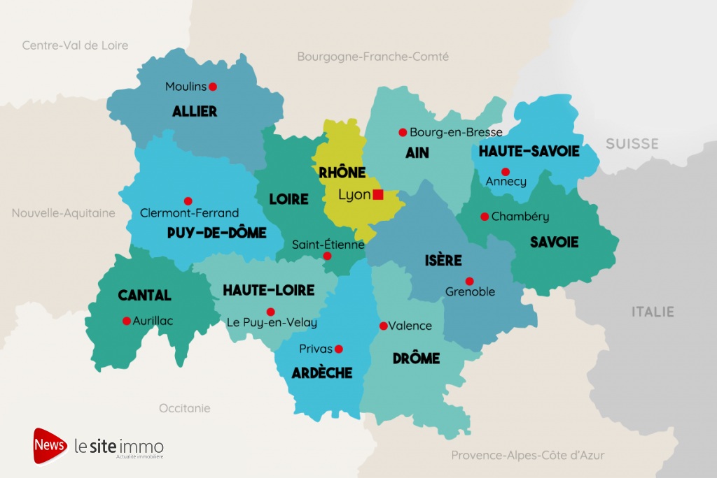 Carte Auvergne-Rhône-Alpes – immobilier par région et villes Carte de l’Auvergne-Rhône-Alpes – immobilier par ville et zones clés