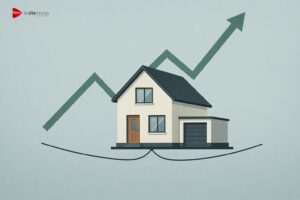 Illustration d’une maison moderne en équilibre sur un fil avec un graphique en hausse, symbolisant le marché immobilier français en 2025, en reprise fragile.