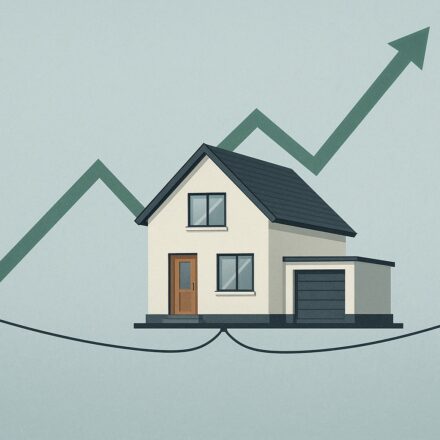Illustration d’une maison moderne en équilibre sur un fil avec un graphique en hausse, symbolisant le marché immobilier français en 2025, en reprise fragile.