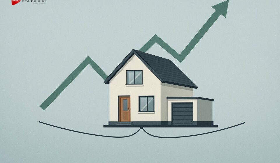 Illustration d’une maison moderne en équilibre sur un fil avec un graphique en hausse, symbolisant le marché immobilier français en 2025, en reprise fragile.