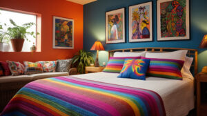 Chambre décorée avec des coussins colorés, tapis et lampes d’ambiance pour un budget réduit.