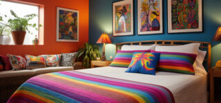Chambre décorée avec des coussins colorés, tapis et lampes d’ambiance pour un budget réduit.
