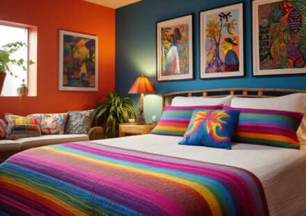 Chambre décorée avec des coussins colorés, tapis et lampes d’ambiance pour un budget réduit.