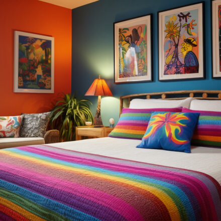 Chambre décorée avec des coussins colorés, tapis et lampes d’ambiance pour un budget réduit.