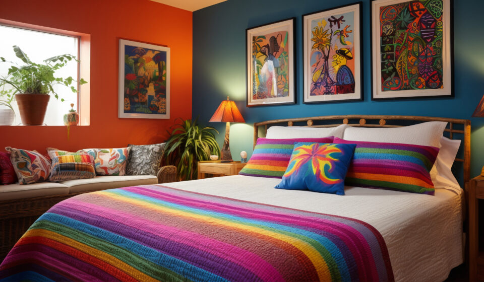 Déco effet wahou : Relooker sa chambre avec moins de 200 € Chambre décorée avec des coussins colorés, tapis et lampes d’ambiance pour un budget réduit.