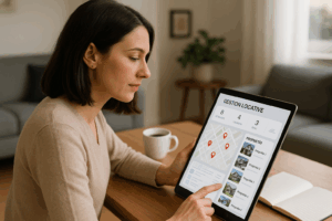 Propriétaire utilisant une application de gestion locative numérique en 2025, symbole de la révolution PropTech.