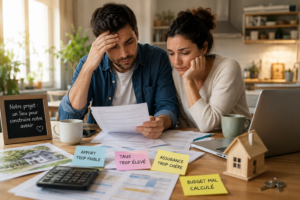 Calculatrice, dossier bancaire et maison miniature illustrant les principales erreurs de financement immobilier en 2026.