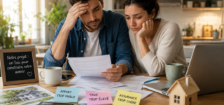 Calculatrice, dossier bancaire et maison miniature illustrant les principales erreurs de financement immobilier en 2026.