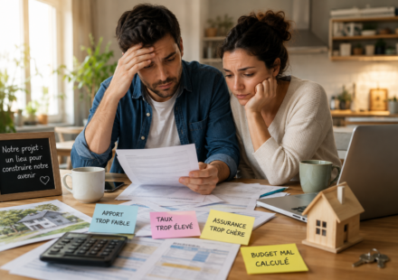 Crédit immobilier : Les erreurs de financement les plus fréquentes qui coûtent des milliers d’euros aux acheteurs Calculatrice, dossier bancaire et maison miniature illustrant les principales erreurs de financement immobilier en 2026.