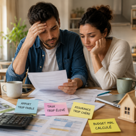 Calculatrice, dossier bancaire et maison miniature illustrant les principales erreurs de financement immobilier en 2026.