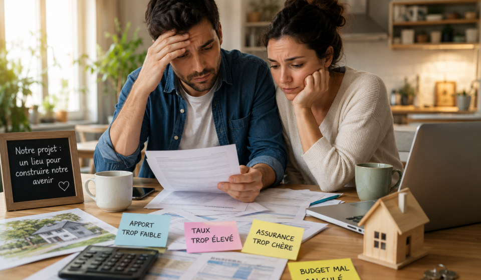 Calculatrice, dossier bancaire et maison miniature illustrant les principales erreurs de financement immobilier en 2026.