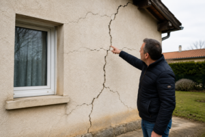 Propriétaire montrant une importante fissure sur la façade de sa maison après un épisode de sécheresse.