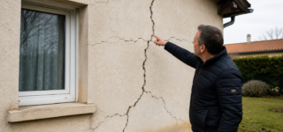 Propriétaire montrant une importante fissure sur la façade de sa maison après un épisode de sécheresse.