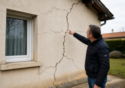 Propriétaire montrant une importante fissure sur la façade de sa maison après un épisode de sécheresse.