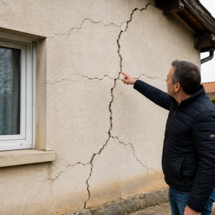 Fissures dans les maisons : de nouveaux dispositifs pour accompagner les sinistrés de la sécheresse Propriétaire montrant une importante fissure sur la façade de sa maison après un épisode de sécheresse.