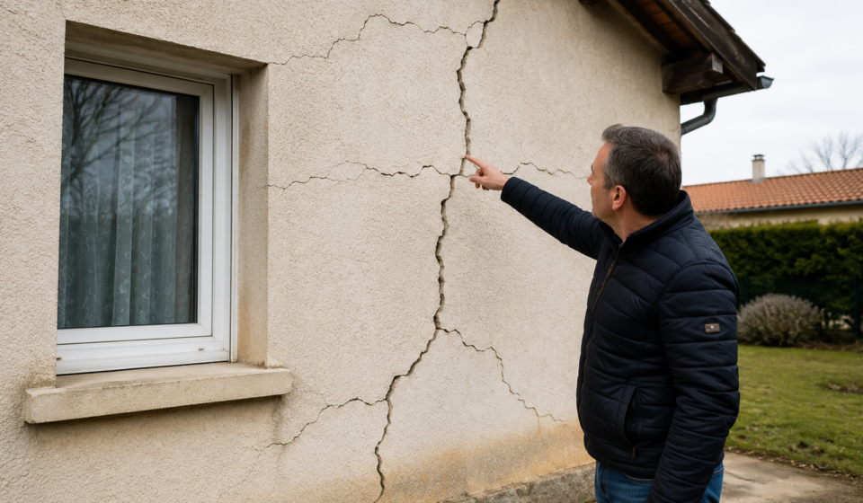 Fissures dans les maisons : de nouveaux dispositifs pour accompagner les sinistrés de la sécheresse Propriétaire montrant une importante fissure sur la façade de sa maison après un épisode de sécheresse.