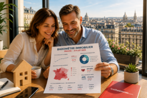 Infographie du baromètre immobilier France juillet 2026 avec les prix par région et les tendances du marché.