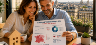 Infographie du baromètre immobilier France juillet 2026 avec les prix par région et les tendances du marché.