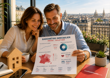 Baromètre immobilier France – Juillet 2026 Infographie du baromètre immobilier France juillet 2026 avec les prix par région et les tendances du marché.