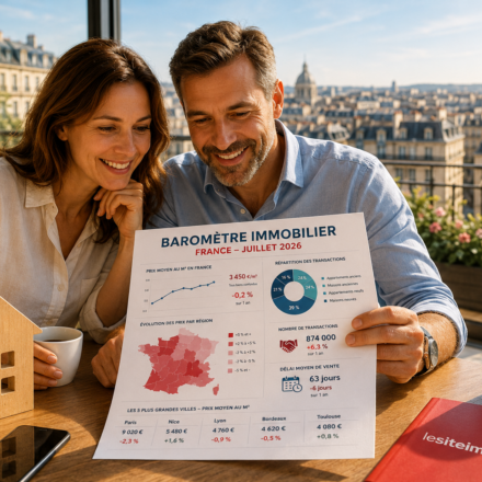 Infographie du baromètre immobilier France juillet 2026 avec les prix par région et les tendances du marché.