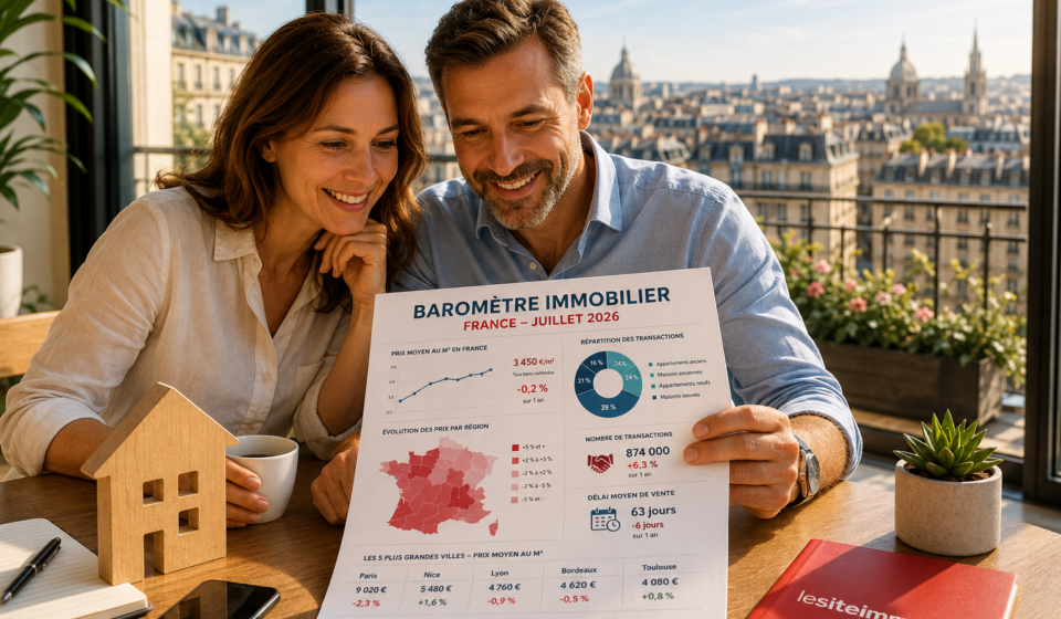 Baromètre immobilier France – Juillet 2026 Infographie du baromètre immobilier France juillet 2026 avec les prix par région et les tendances du marché.