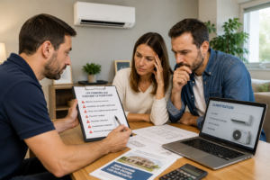 Un couple échange avec un professionnel de la climatisation afin d'éviter les erreurs les plus coûteuses avant l'installation d'un climatiseur réversible.