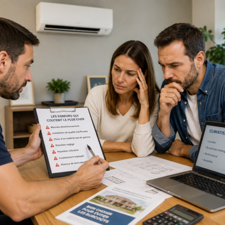 Un couple échange avec un professionnel de la climatisation afin d'éviter les erreurs les plus coûteuses avant l'installation d'un climatiseur réversible.