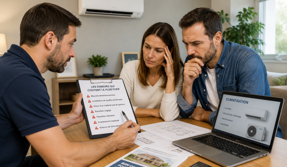 Climatisation : les erreurs qui coûtent le plus cher en 2026 Un couple échange avec un professionnel de la climatisation afin d'éviter les erreurs les plus coûteuses avant l'installation d'un climatiseur réversible.