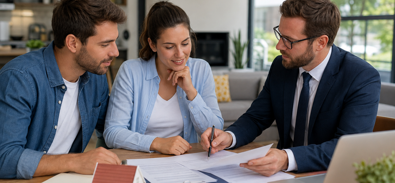 Les clauses importantes du compromis de vente : ce que nous devons vérifier avant de signer Couple et agent immobilier relisant les clauses d’un compromis de vente avant la signature