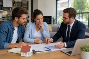 Couple et agent immobilier relisant les clauses d’un compromis de vente avant la signature