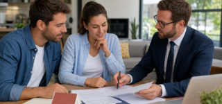 Couple et agent immobilier relisant les clauses d’un compromis de vente avant la signature