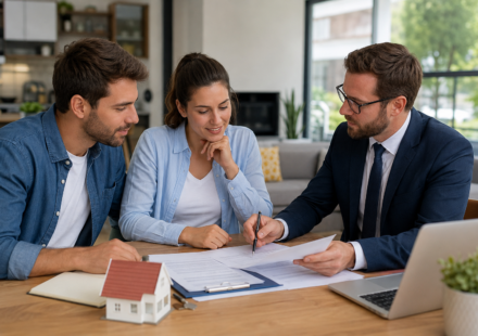 Les clauses importantes du compromis de vente : ce que nous devons vérifier avant de signer Couple et agent immobilier relisant les clauses d’un compromis de vente avant la signature