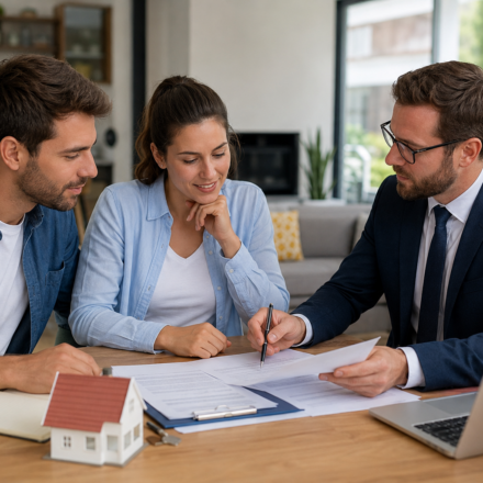 Les clauses importantes du compromis de vente : ce que nous devons vérifier avant de signer Couple et agent immobilier relisant les clauses d’un compromis de vente avant la signature