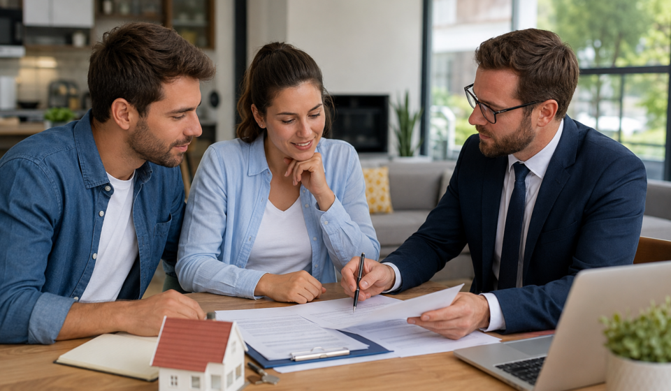 Les clauses importantes du compromis de vente : ce que nous devons vérifier avant de signer Couple et agent immobilier relisant les clauses d’un compromis de vente avant la signature