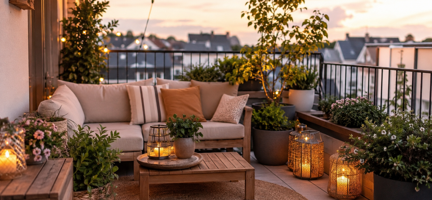 Petite terrasse aménagée avec un salon de jardin moderne, des plantes et un éclairage chaleureux