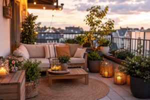 Petite terrasse aménagée avec un salon de jardin moderne, des plantes et un éclairage chaleureux