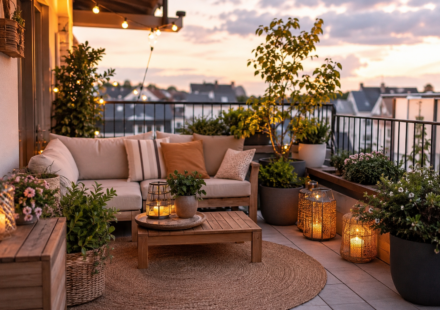 Petite terrasse aménagée avec un salon de jardin moderne, des plantes et un éclairage chaleureux