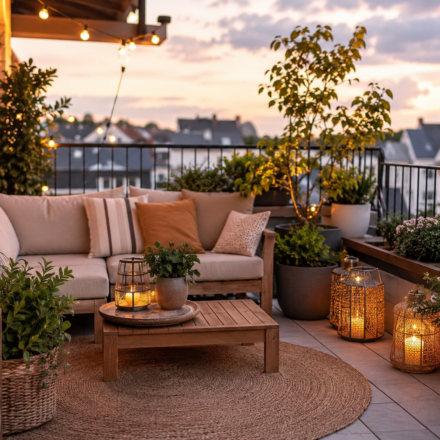 Petite terrasse aménagée avec un salon de jardin moderne, des plantes et un éclairage chaleureux