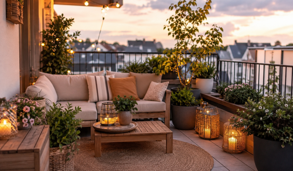 Petite terrasse aménagée avec un salon de jardin moderne, des plantes et un éclairage chaleureux
