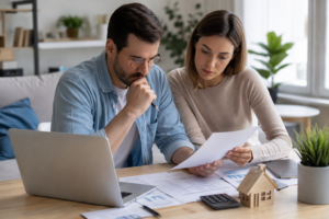 Couple analysant la rentabilité d’un investissement immobilier sur un ordinateur