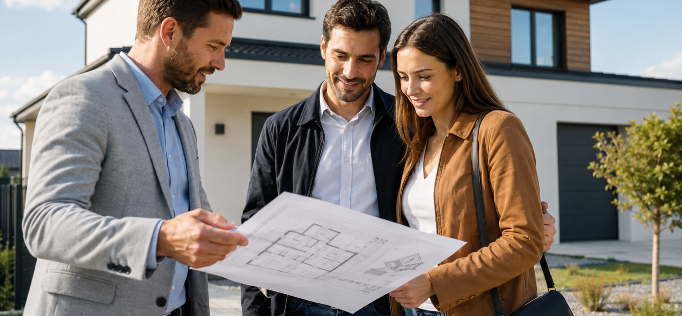 Immobilier neuf : comment bien choisir son constructeur pour réussir votre projet de maison neuve ? Un couple échange avec un constructeur de maisons individuelles devant les plans de leur future maison neuve.