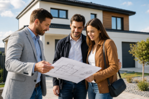 Un couple échange avec un constructeur de maisons individuelles devant les plans de leur future maison neuve.