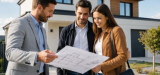 Immobilier neuf : comment bien choisir son constructeur pour réussir votre projet de maison neuve ? Un couple échange avec un constructeur de maisons individuelles devant les plans de leur future maison neuve.